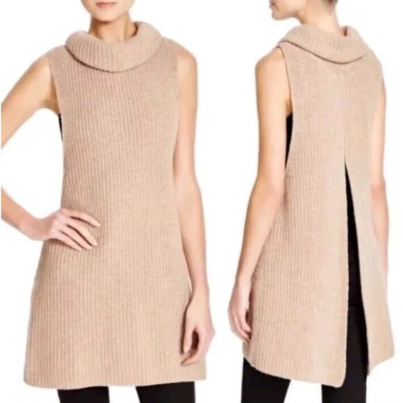 Free People Need It Now Cowl Neck Split Back Tunic Tank Pullover Sweater Tan   S - Picture 1 of 7